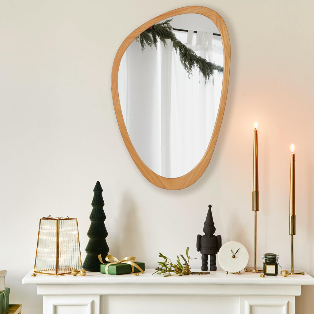 Irregular Wall Mirror, 30"x19" Solid Wood Frame Asymmetrical Mirrors for Mid Century Modern Decor, Tempered Glass