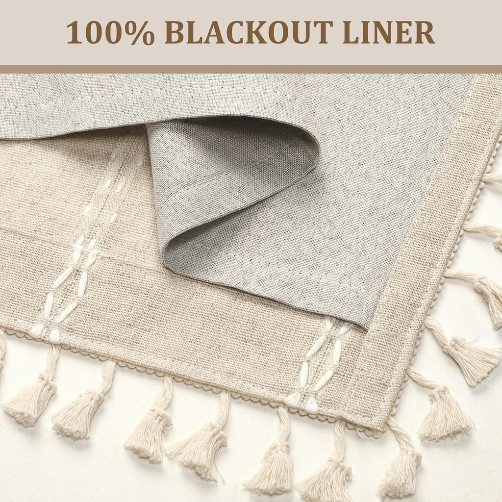 Boho 100% Blackout Curtains 84 Inch 2 Panels Linen Blend Beige