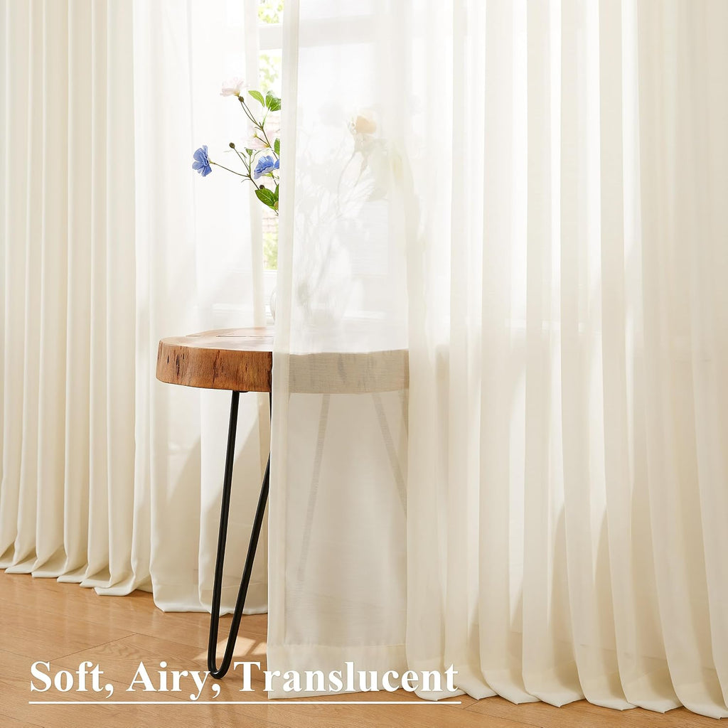 95 Inches Long Egret Ivory Pinch Pleated Sheer Curtains for Bedroom Living Room Sliding Patio Door,Farmhouse Textured