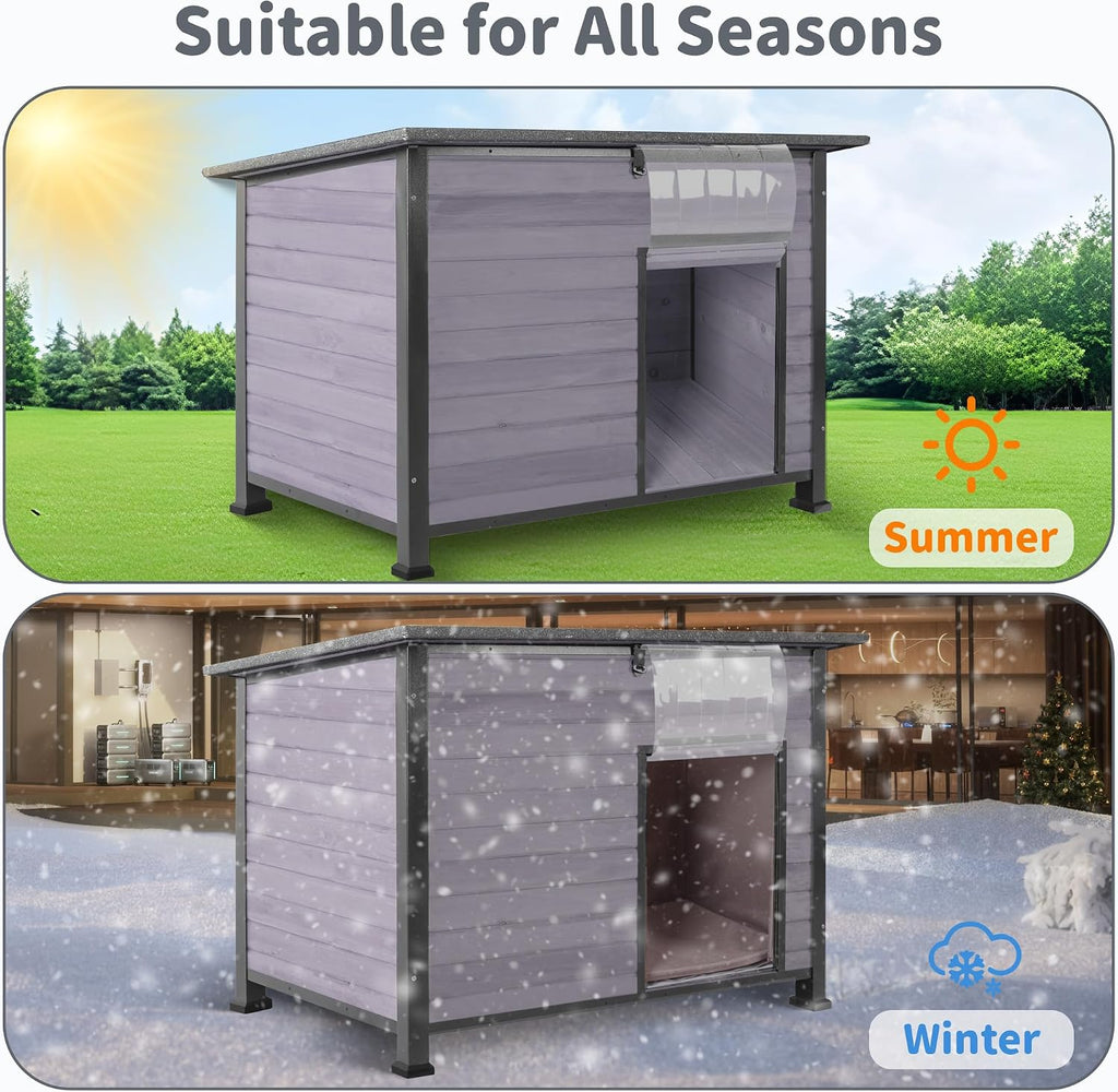 Insulated Dog House Outdoor Weatherproof, Large Wooden House, Removable Inner Lining in Winter, Upgraded Chewing