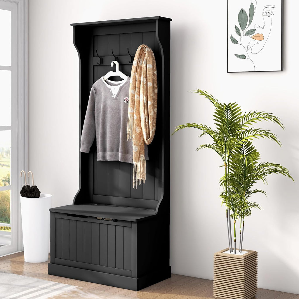 Hall Tree with Bench and Shoe Storage, 3-in-1 Entryway Bench with Coat Rack, 4 Hooks and Flip Top Storage