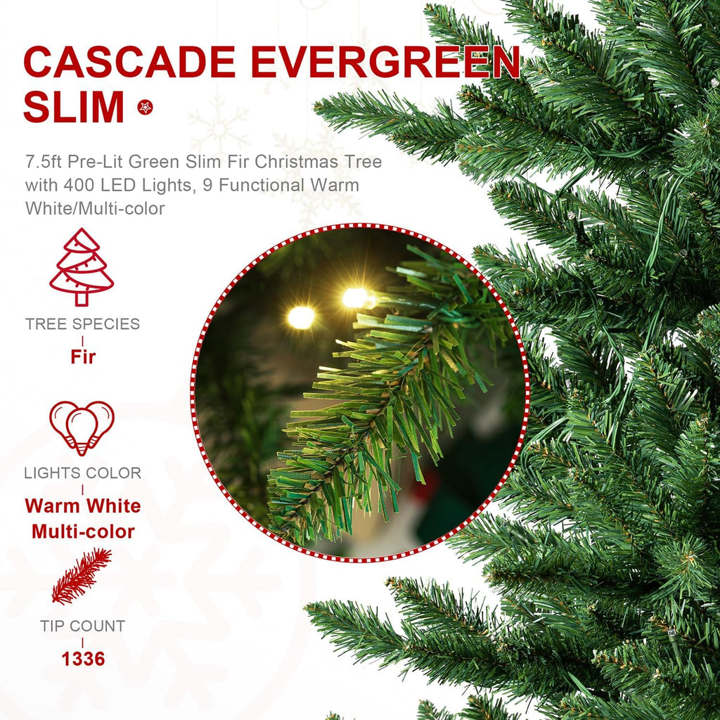 7.5ft Prelit Christmas Tree, Artificial Christmas Tree Emerald Elegance Slim Green Fir Tree with 400 LED Lights, 1336