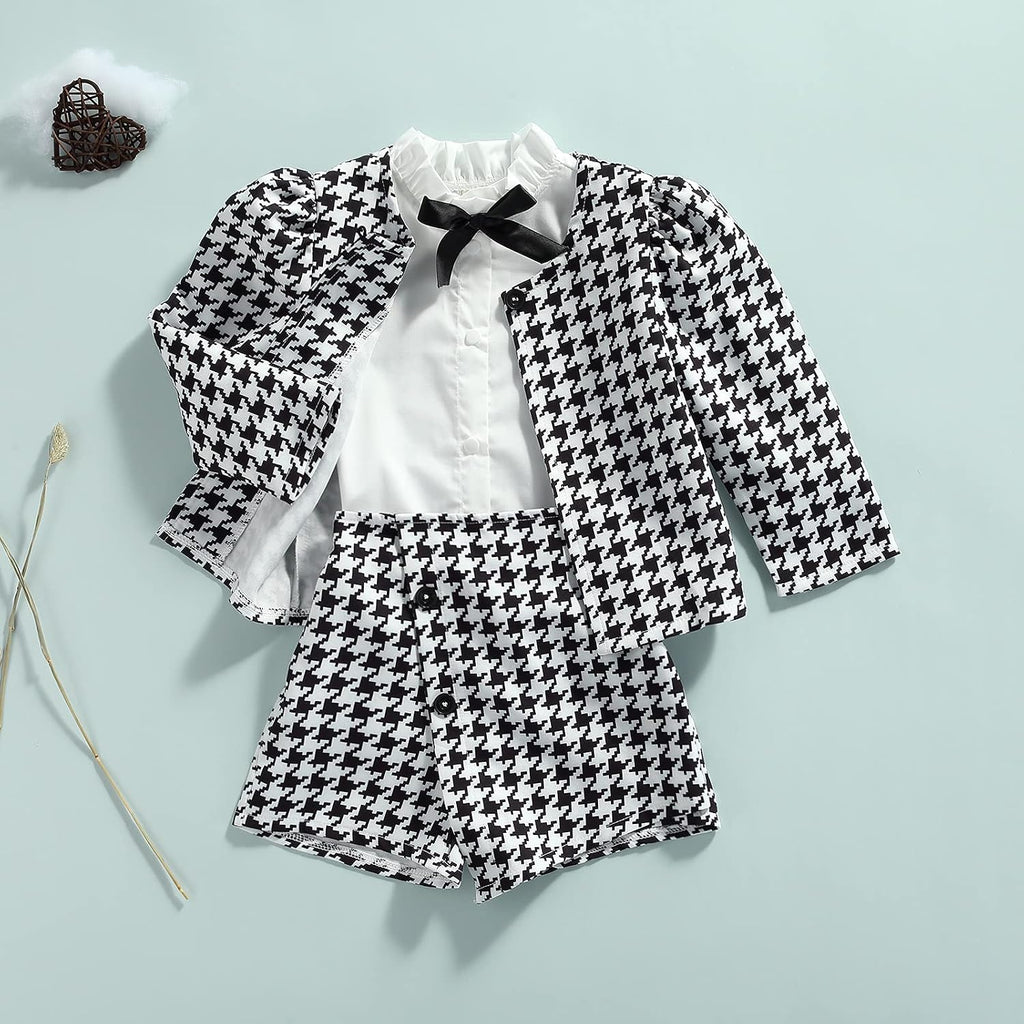 3PCS Toddler Baby Girl Ruffle Collar Button-Down Shirt + Long Sleeve Plaid Cardigan + Houndstooth Shorts Sets