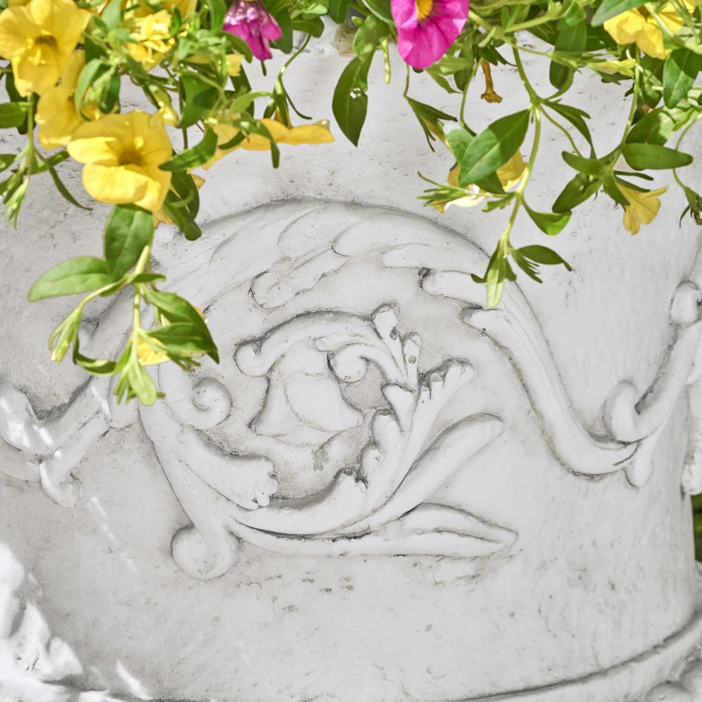 Adonis Traditional Roman Chalice Garden Urn Planter with Lion and Floral Accents, Antique White