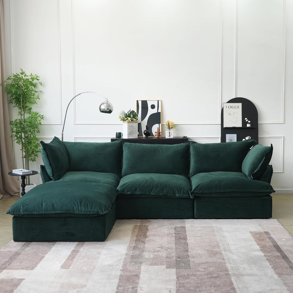 L-Shaped Modular Couches, Deep Seat Sectional Couch with Chaise Ottoman, Modern Comfy Cloud Sectional Sofas, Cushion Covers Removable, Two Corners and A Middle Sofa for Living Room (Green) A124-B0F1CG4CTD