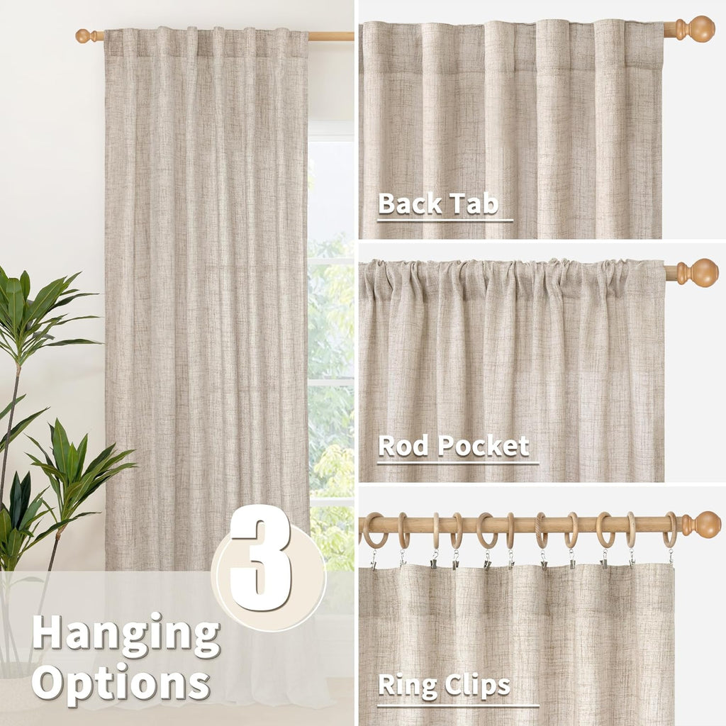 Short Linen Kitchen Curtains 40 Inch Length for Window Over Sink, Semi Sheer Cafe Drapes Light Filtering with Rod