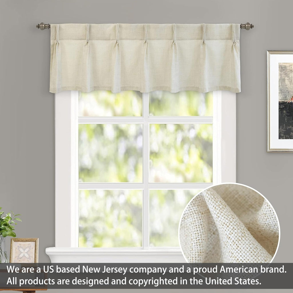 Pinch Pleat Valance Window Faux Linen Textured Solid Beige Valance 16 Inch Light Filtering Farmhouse Linen Curtain