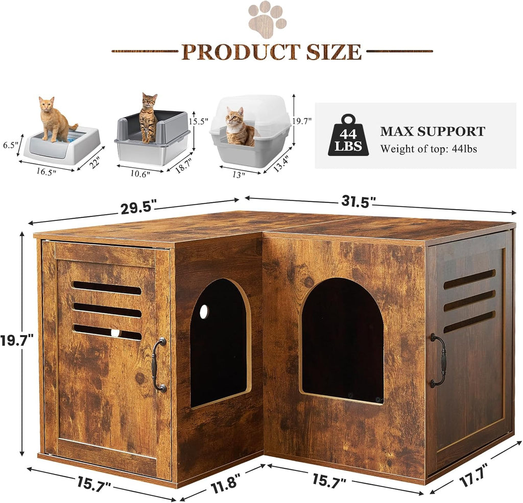 31.5in Corner Cat Litter Box Enclosure with Double Room, Brown