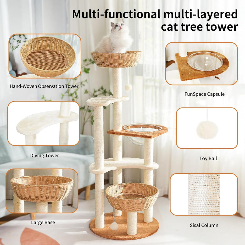 55.5-Inch Modern Cat Tree for Large Cats with Woven Basket Beds