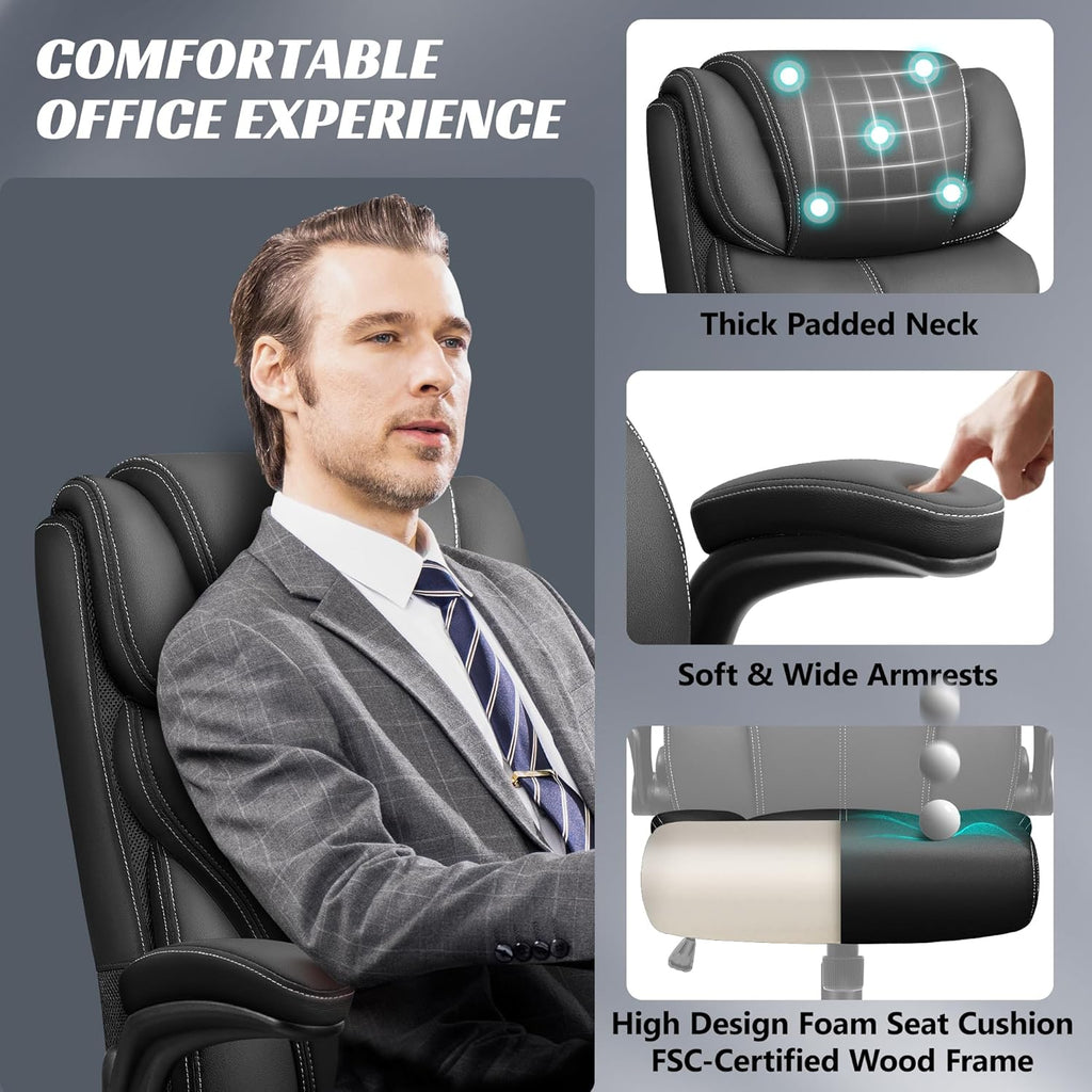 Ergonomic Big and Tall Computer Desk Chairs, Executive Breathable Leather Chair with Adjustable Flip-up Armrests