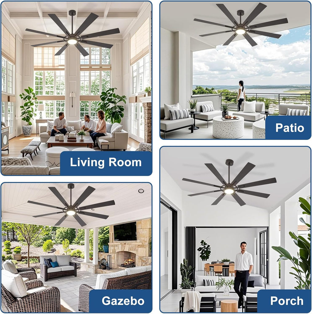 Large Ceiling Fans with Lights: Modern 72 Inch 8 Blade Outdoor Ceiling Fan with Remote APP Control - Dimmable Black