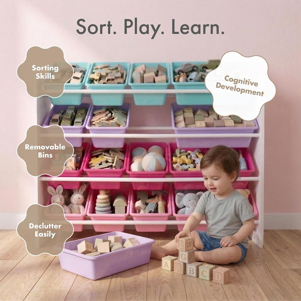 Kids Toy Organizer with 16 Bins, 4 Tier Storage | Sturdy wood and steel toddler shelf, removable BPA-free containers