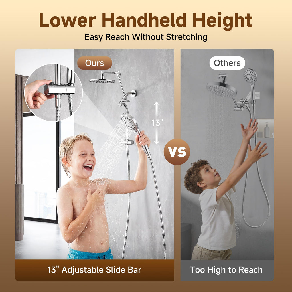 Rain Shower System with Handheld, High Pressure Dual Shower Head Combo, 9-Spray Modes, Adjustable Slide Bar &