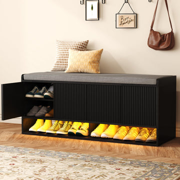 47.2" Fluted Shoe Storage Bench, Entryway Bench with Linen Seat Cushion, Shoe Cabinet Bench with Adjustable Shelf and