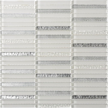 Striped Linear Glass Tile White & Silver 11.8x11.8 4.83 sq ft 5-Pack | Mesh-backed sheets. Kitchen backsplash