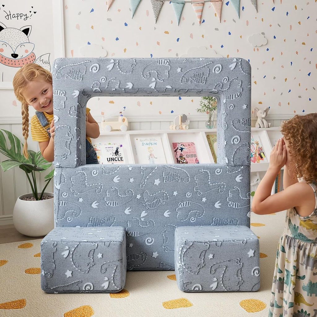 Glow Dinosaur Kids Couch, Gray Modular Fold Out Play Couch