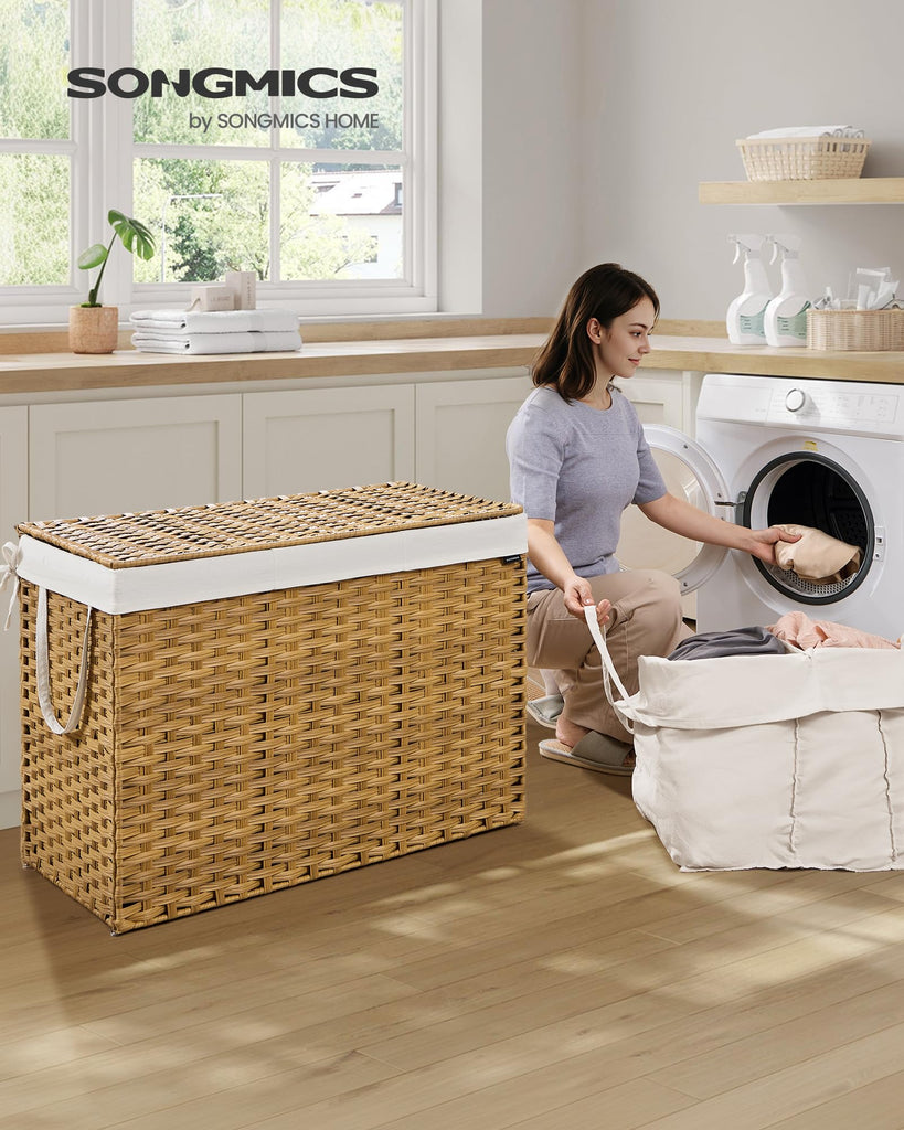 Laundry Hamper with Lid, 200L 4-Section Wicker Basket, 6 Mesh Bags