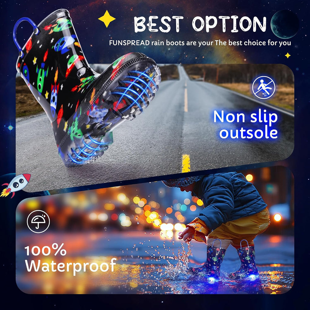 Toddler Rain Boots Boys Rain Boots - Patterns Light Up Kids Rain Boots with Easy-On Handles Lightwight Waterproof