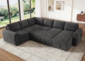 Corduroy U Shaped Sectional Sleeper Sofa with Pull Out Bed, Dark Grey
