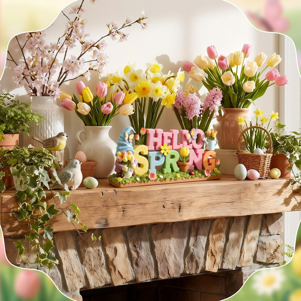 1 Pack Hello Spring Table Decoration Resin Spring Gnome Decorations Pastel Flower Table Sign Festive Floral Statue