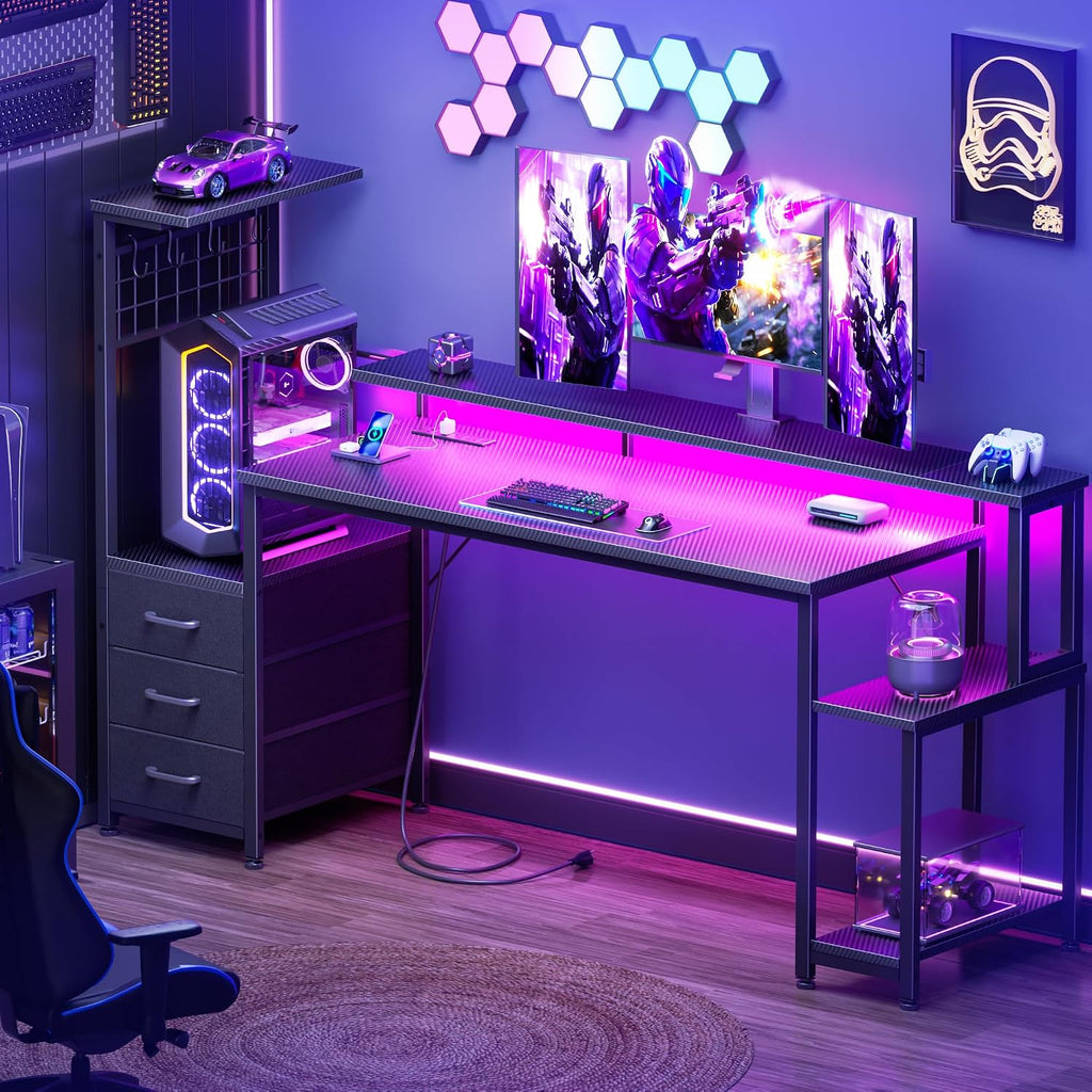 63 Inch Gaming Desk with Bluetooth LED Lights & Power Outlets,Computer Desk with Fabric Drawers & Hooks,Reversible