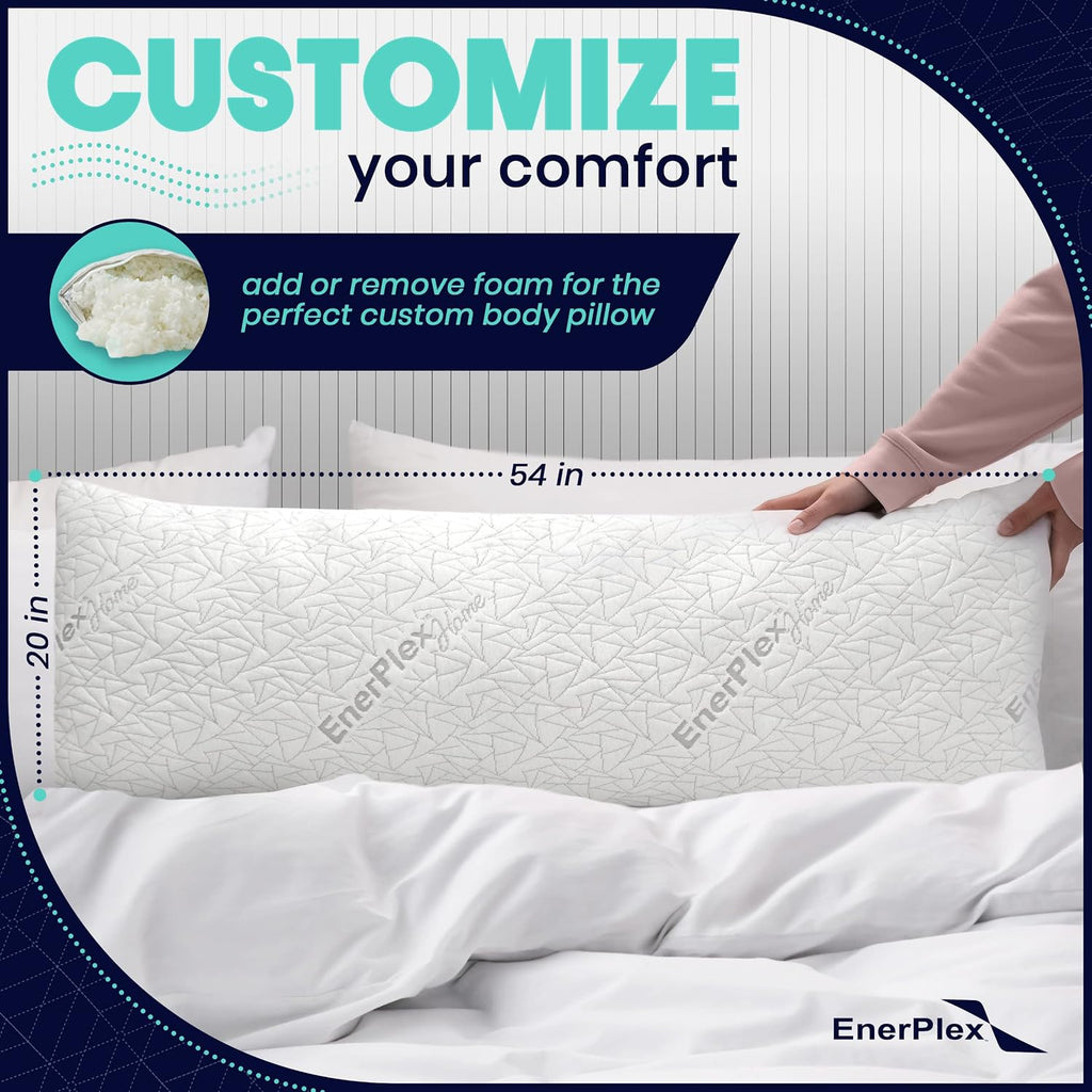 Body Pillow for Adults - Adjustable 54 x 20 Inch Long Pillow Shredded Memory Foam Pillows w/Plush Viscose Cover for