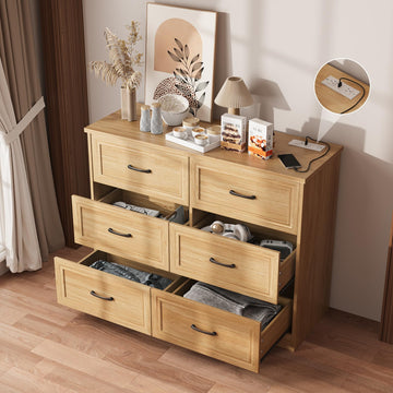 Dresser, 6 Drawer Wide Dresser Organizer with Charging Station with Metal Handles, Oak