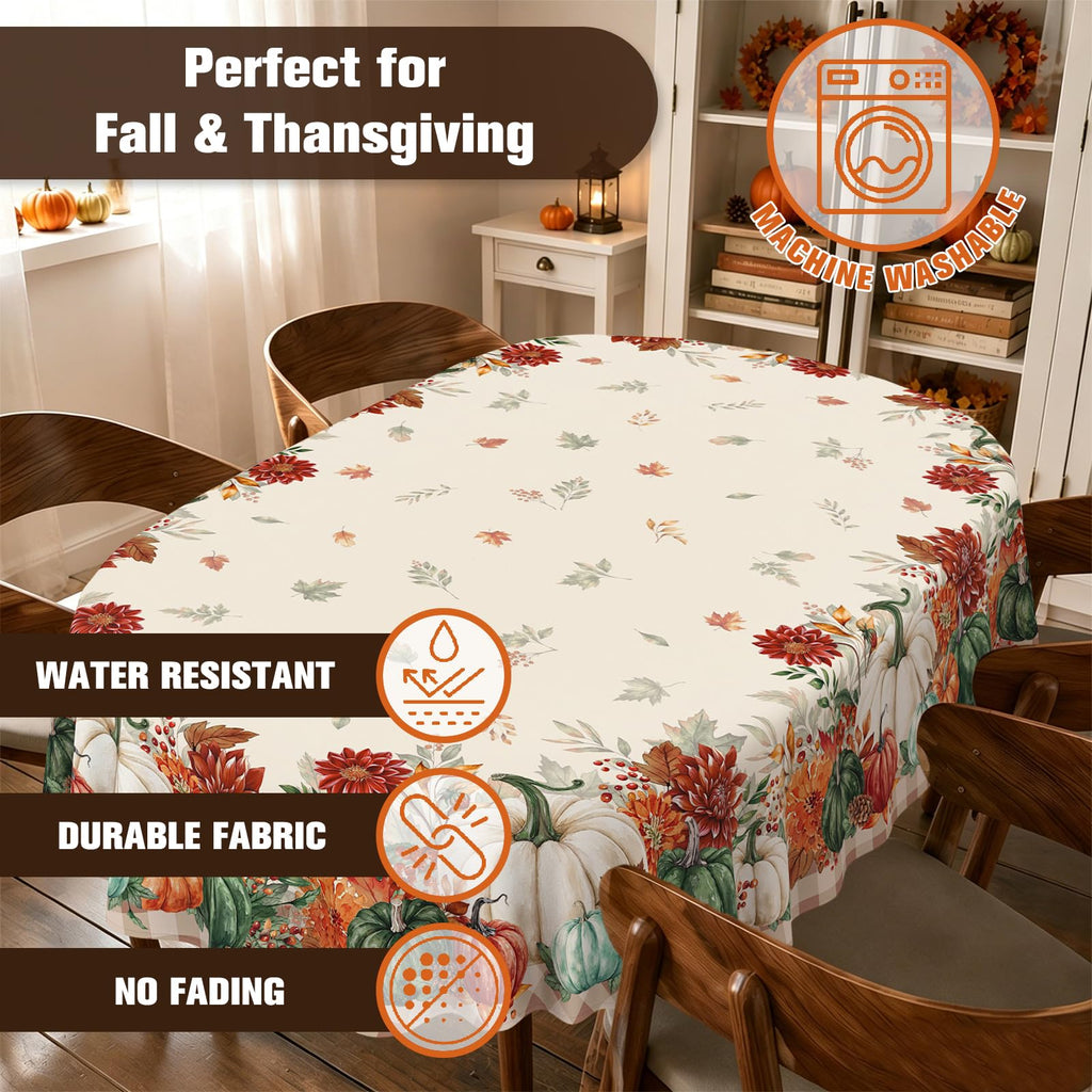 Oval Fall Tablecloth 60x102 Inch, Thanksgiving Autumn Harves Pumpkin Flower Table Cloth, Waterproof Wrinkle Resistant