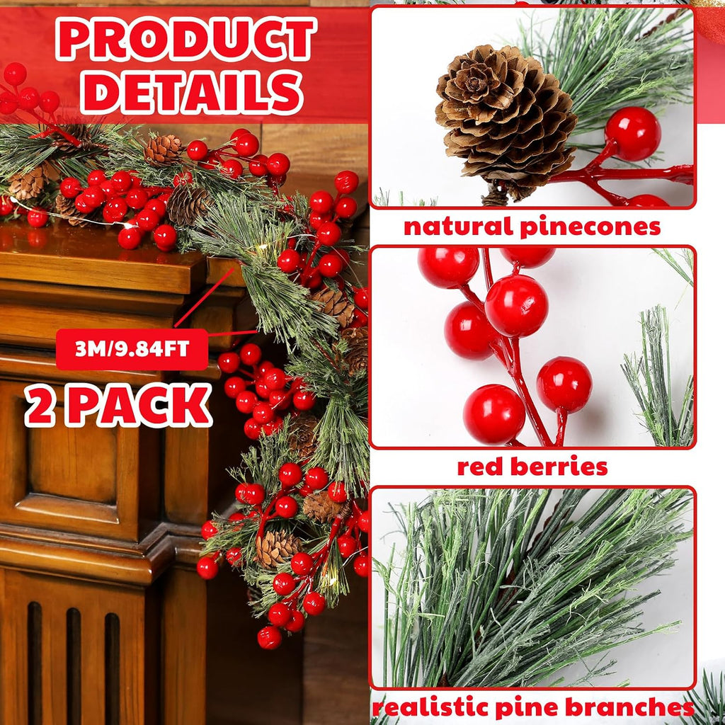 2 Pcs 19.68 ft Christmas Garlands Total Smokey Pine Garland with Red Berry Pine Cone Christmas Greenery Garland