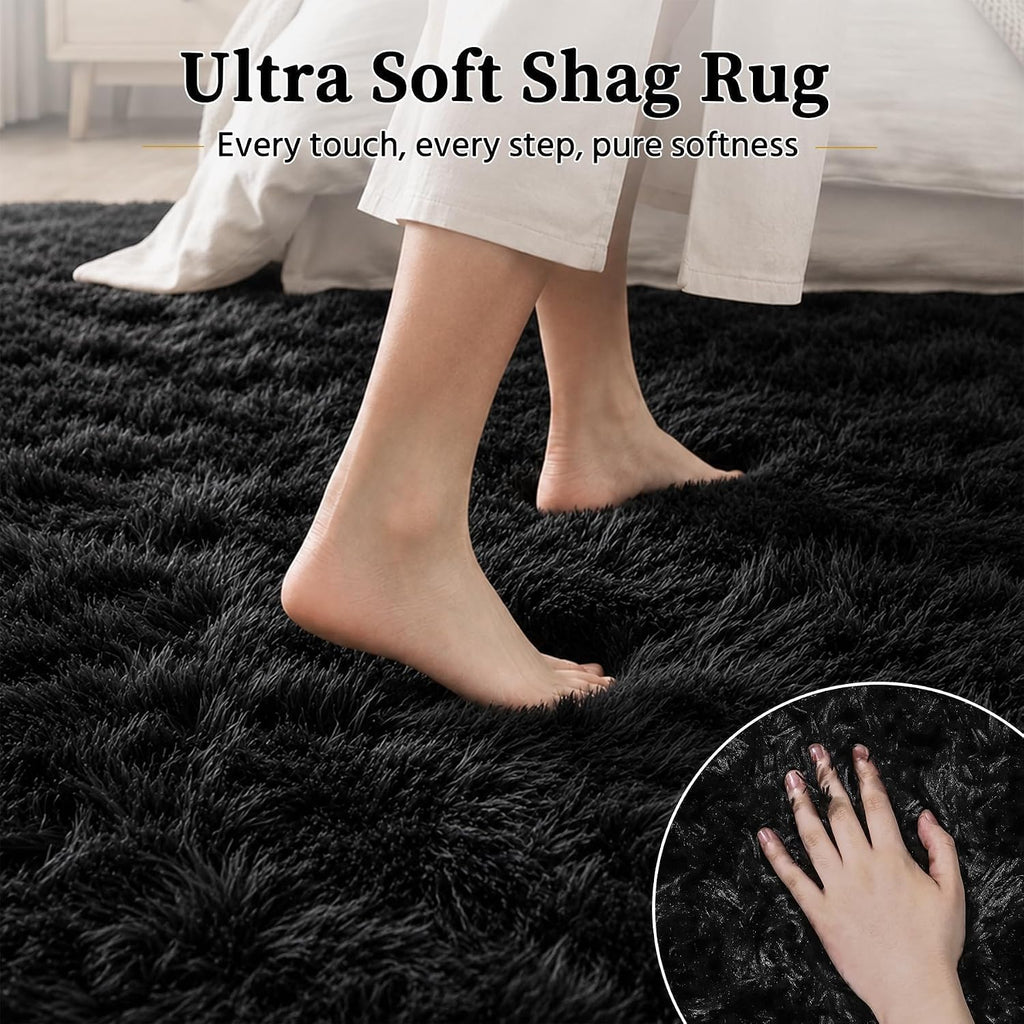 Fluffy Shag Area Rug Living Room Bedroom Washable Black