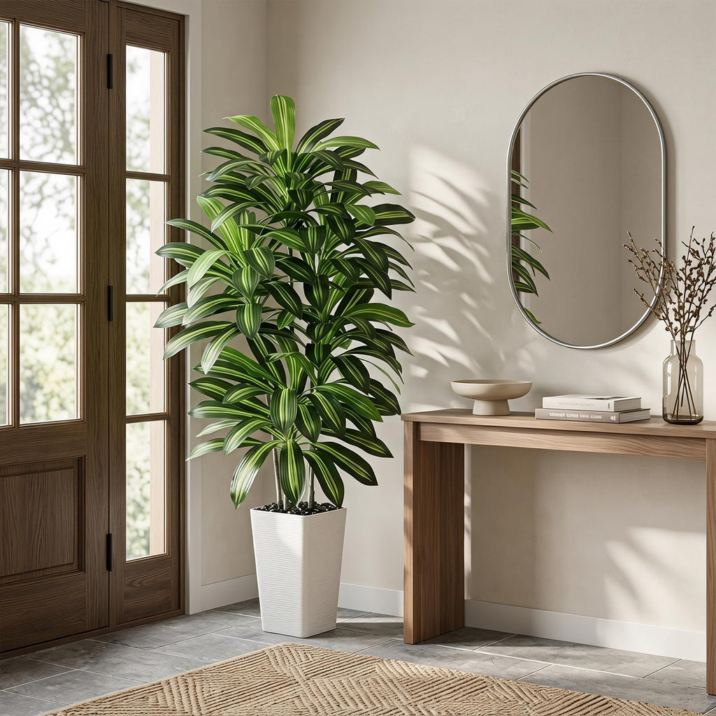 Artificial Dracaena Tree 6FT / White Planter, Tall Plants Indoor