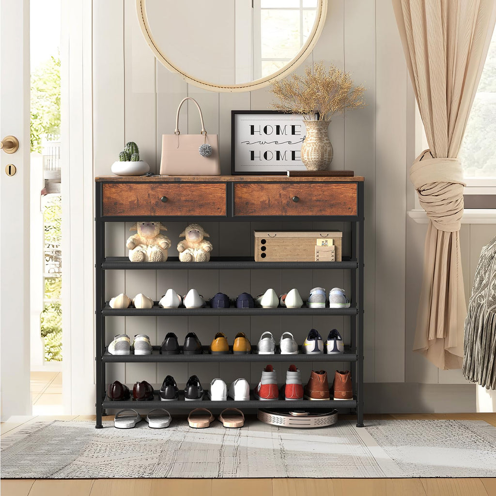 Shoe Rack, 5 Tier Shoe Storage Organizer with 2 Drawers, Metal Shoe Shelf for 16-20 Pairs of Shoes, with 4 Oxford