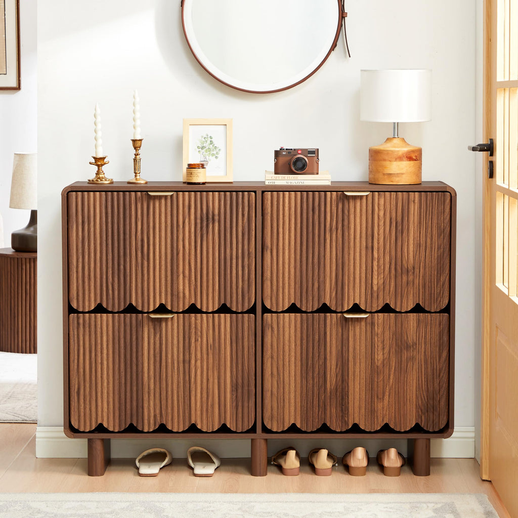 Fluted Narrow Shoe Storage Cabinet with 4 Flip Drawers, Walnut