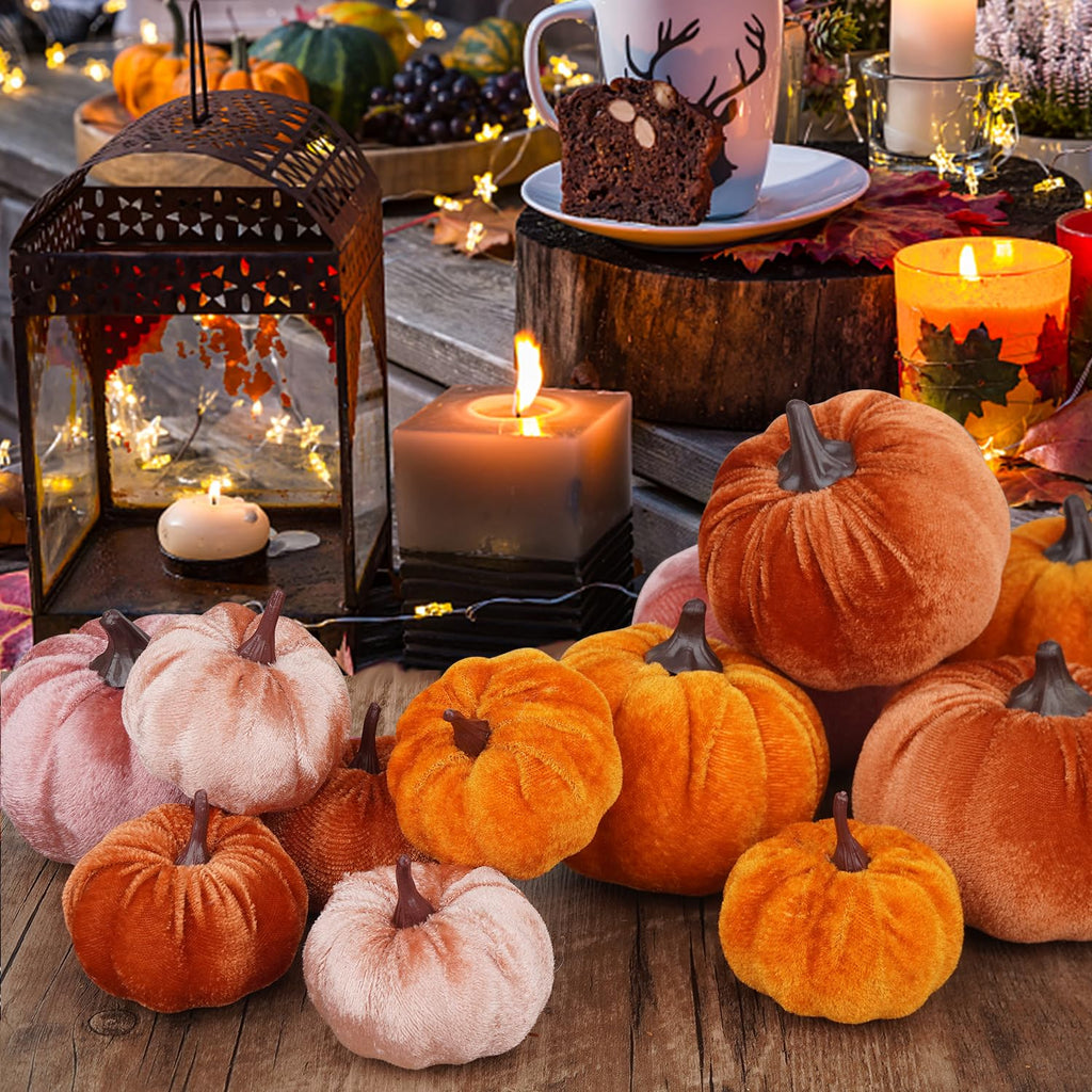 12Pcs Fall Artificial Velvet Pumpkins Assorted Sizes Orange Brown Pink Fake Farmhouse Harvest Pumpkins for Fall