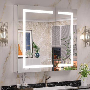 36 x 32 Inch Medicine Cabinet with Lights, LED Medicine Cabinet with Bluetooth Clock and Outlets, 3 Colors Light with
