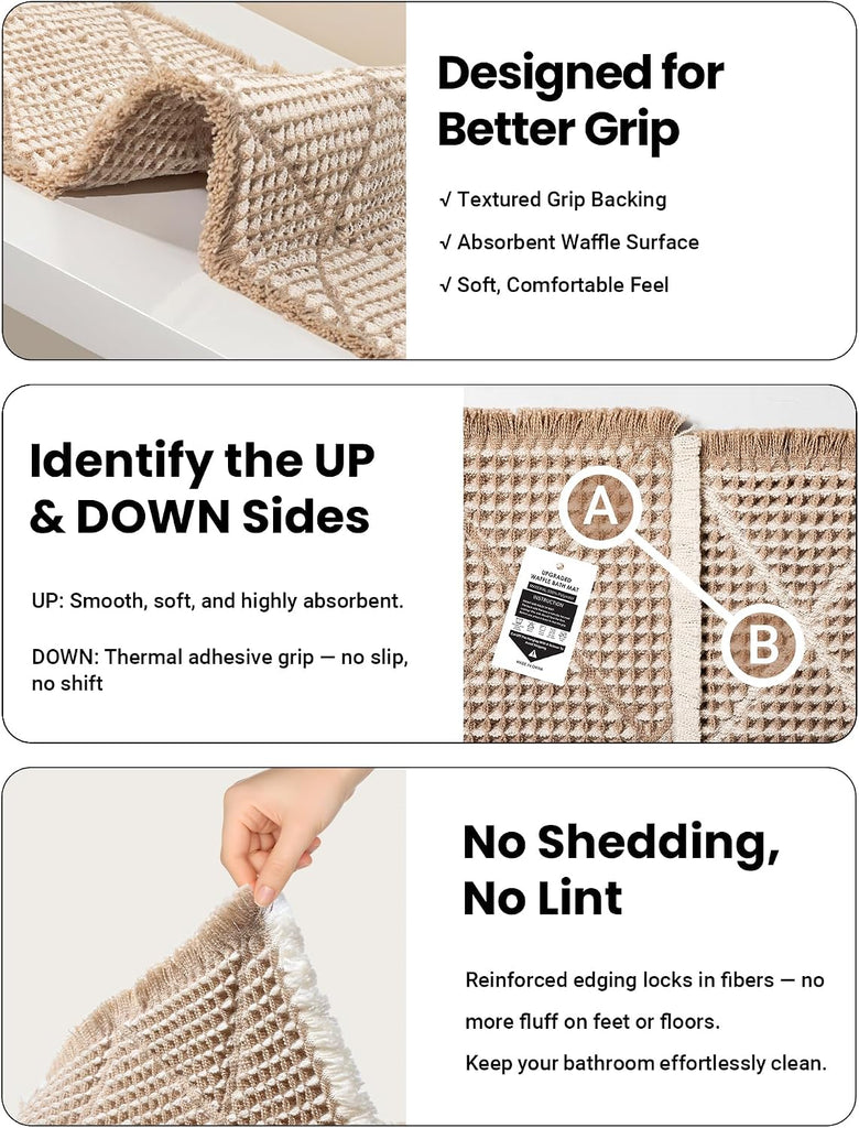 Waffle Bath Mat Set, Non Slip Bathroom Rugs 2 Piece, Brown & White | Ultra Absorbent Long Bath Rug Runner Boho Chic