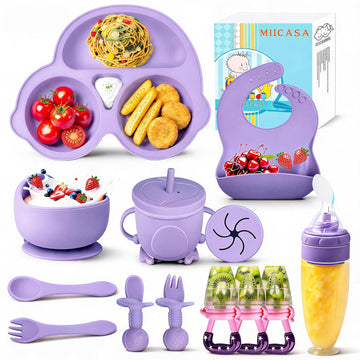 Feeding Set, Baby Led Weaning Supplies Kit With Suction Bowl & Car Plate, Bib, Spoon, Fork, Cup - Food-Grade