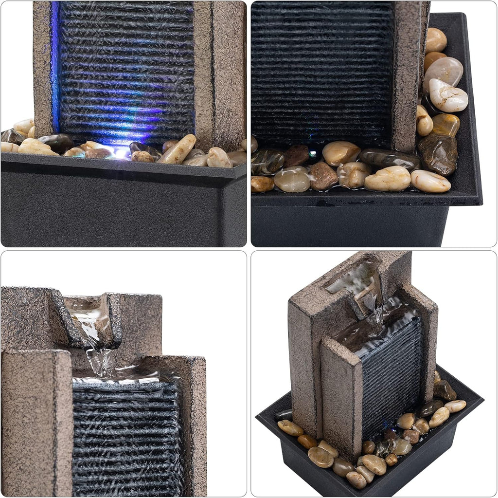 Tabletop Fountain Relaxing Tabletop Waterfall Fountain with Natural River Rocks & Color-Changing LED Lights - Indoor
