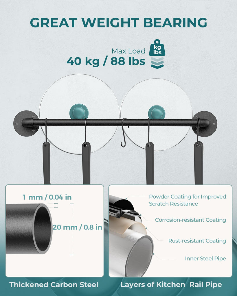 21'' Pot Rack Wall Mounted, Iron Pipe Hanging Rack, 10 S Hooks, 2Pack