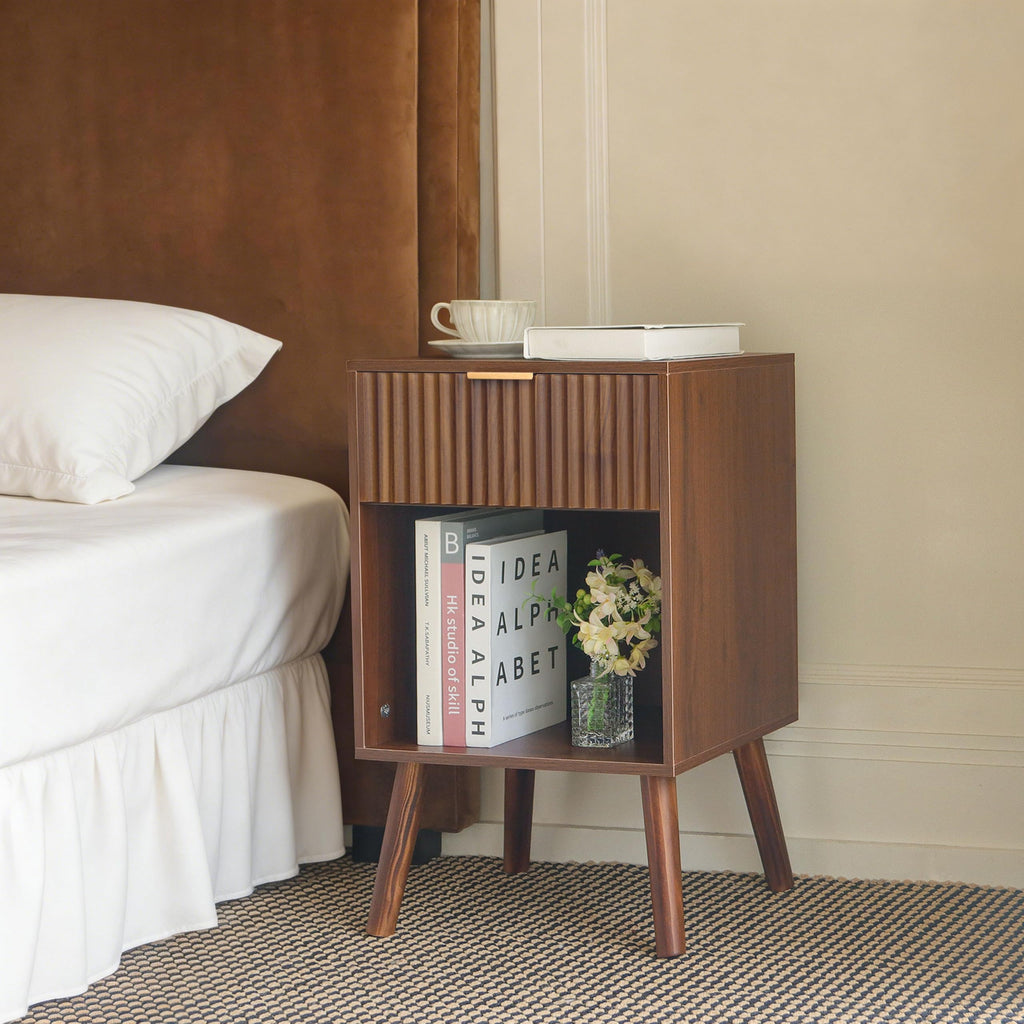 Walnut Nightstand, Fluted Bedside Table with Drawer and Open Shelf