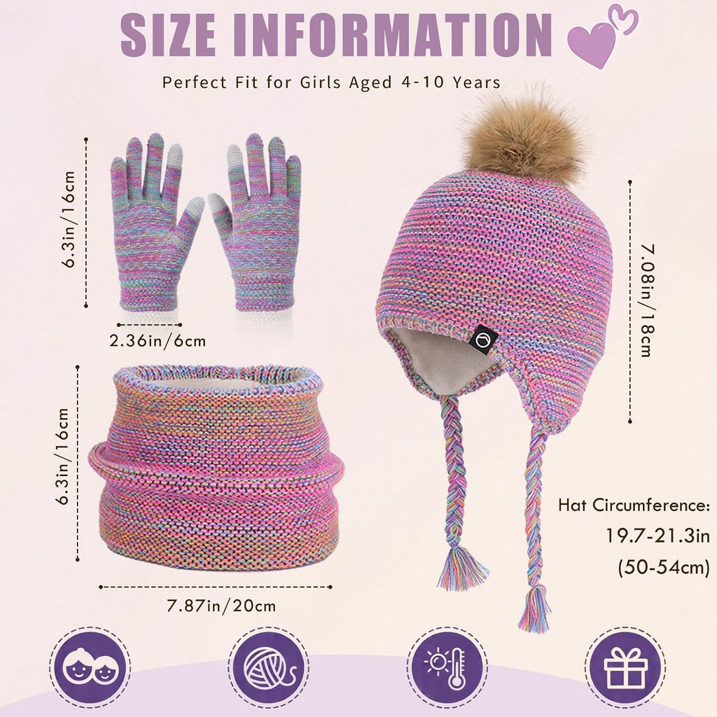 Kids Winter Hat Gloves Scarf Set Warm Earflaps Soft Fleece Lined