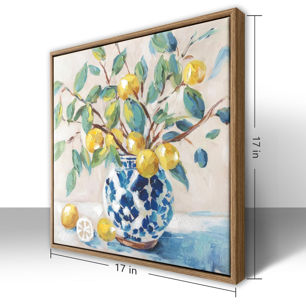 Framed Vintage Kitchen Wall Art, hand-painted Yellow Lemon Still Life Wall Decor Oil Paintings, Rustic Farmhouse