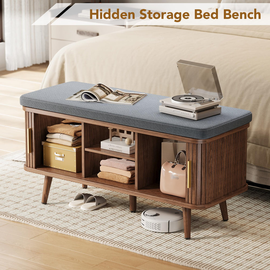 Shoe Storage Bench with Cushion and Sliding Doors, 39 Inch Shoe Bench with Storage, Freestanding Entryway Bench with