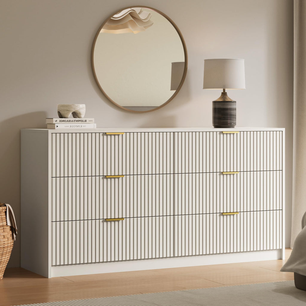 55" Wide Fluted 6-Drawer Double Dresser, Beige