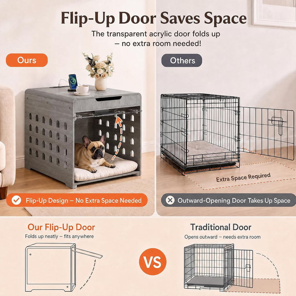Modern Dog Crate Furniture Wooden Kennel Charging Station End Table Grey