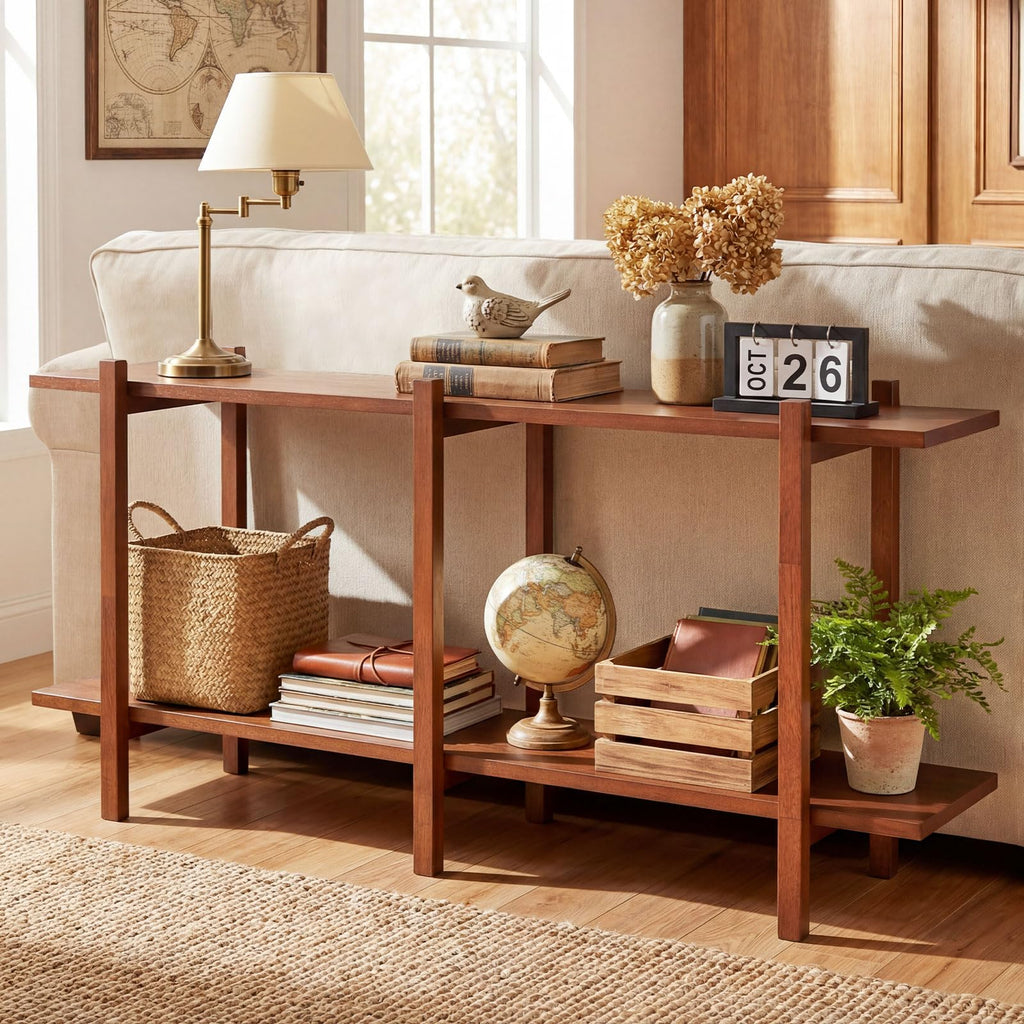 2-Tier Wood Bookshelf, 48" Modern Console Table with Wide Storage Shelf, Horizontal Rubber Wood Bookcase, Open