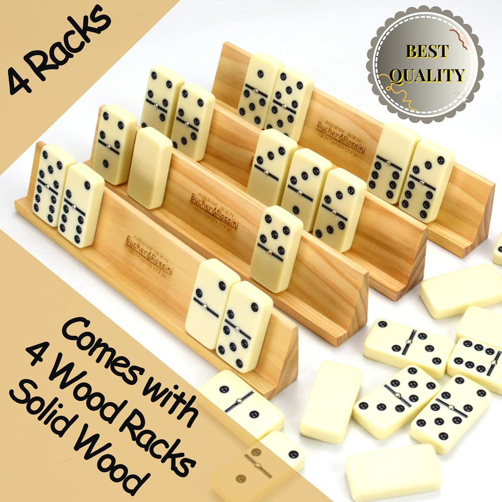 Dominos Set for Adults with 4 Domino Racks Double Six Dominoes Set in Portable Case with 4 Wooden Domino Holders - Set of 4