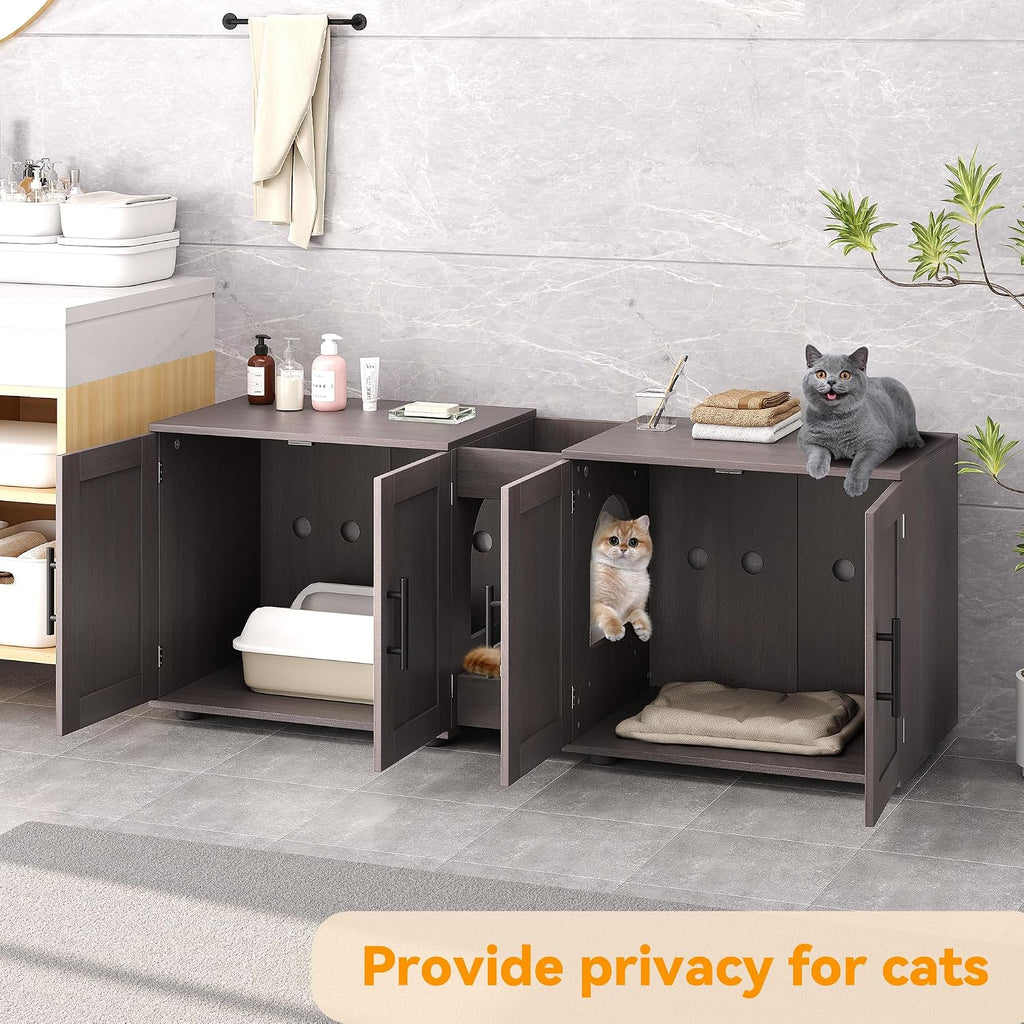 Cat Litter Box Enclosure for 2 Cats, 55" Hiddden Litter Box Enclosure Furniture 3-in-1 Wooden Litter Cabinet
