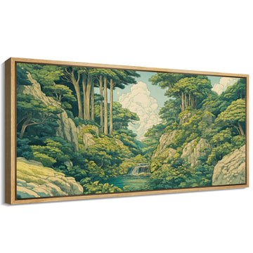 Extra Large Framed Canvas Print Wall Art Japanese Ukiyo-E Style Forest Landscape Green Illustrations Modern Art