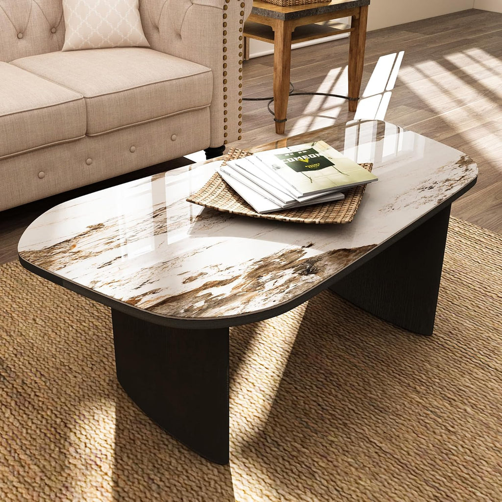 Luxury Marble Coffee Table, Premium Sintered Stone Top, Natural Wood Look Base, Modern Design Stone Cocktail Table, Ma